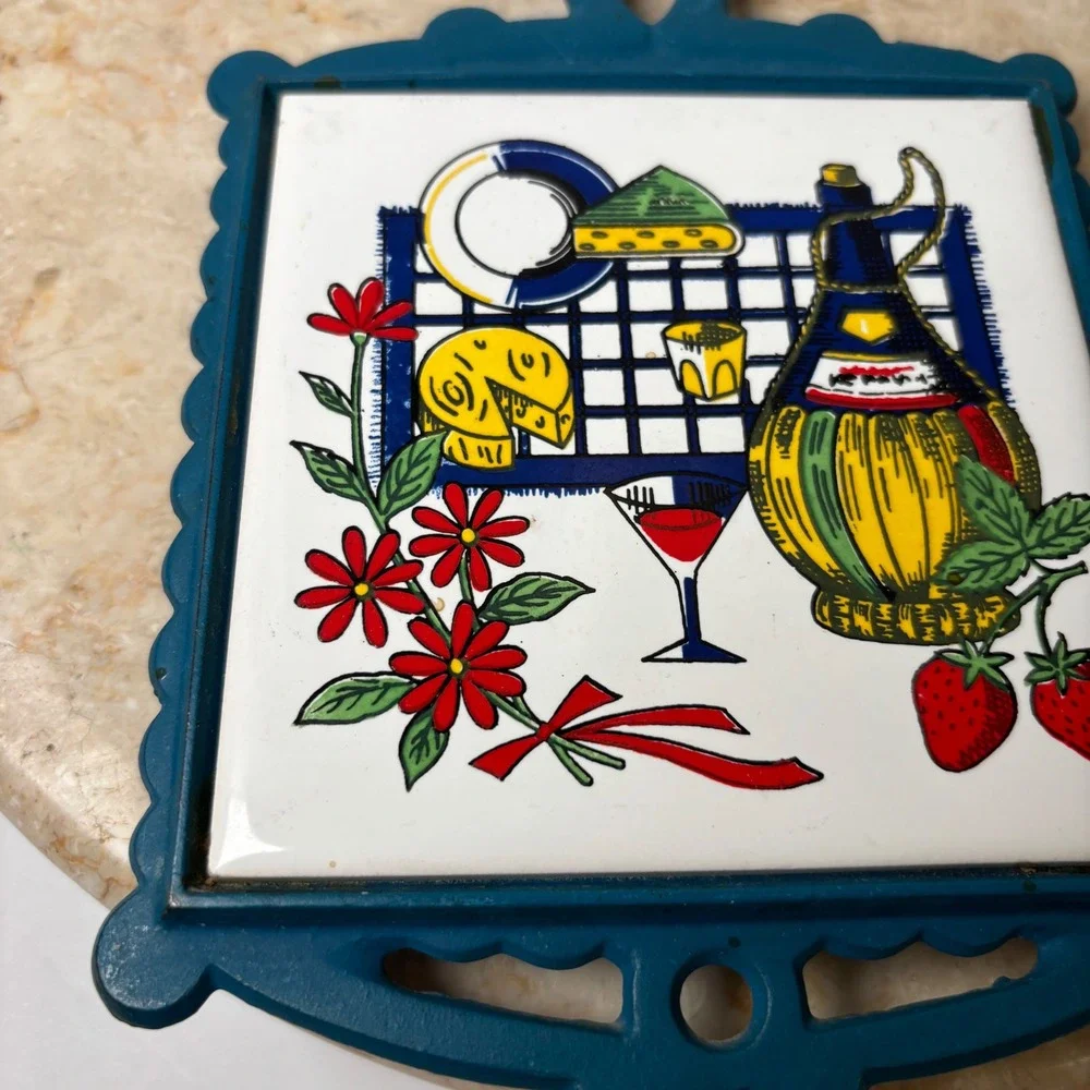 Vintage Italian Style Trivet Hot Pad‎ Cast Iron Teal Ceramic Tile